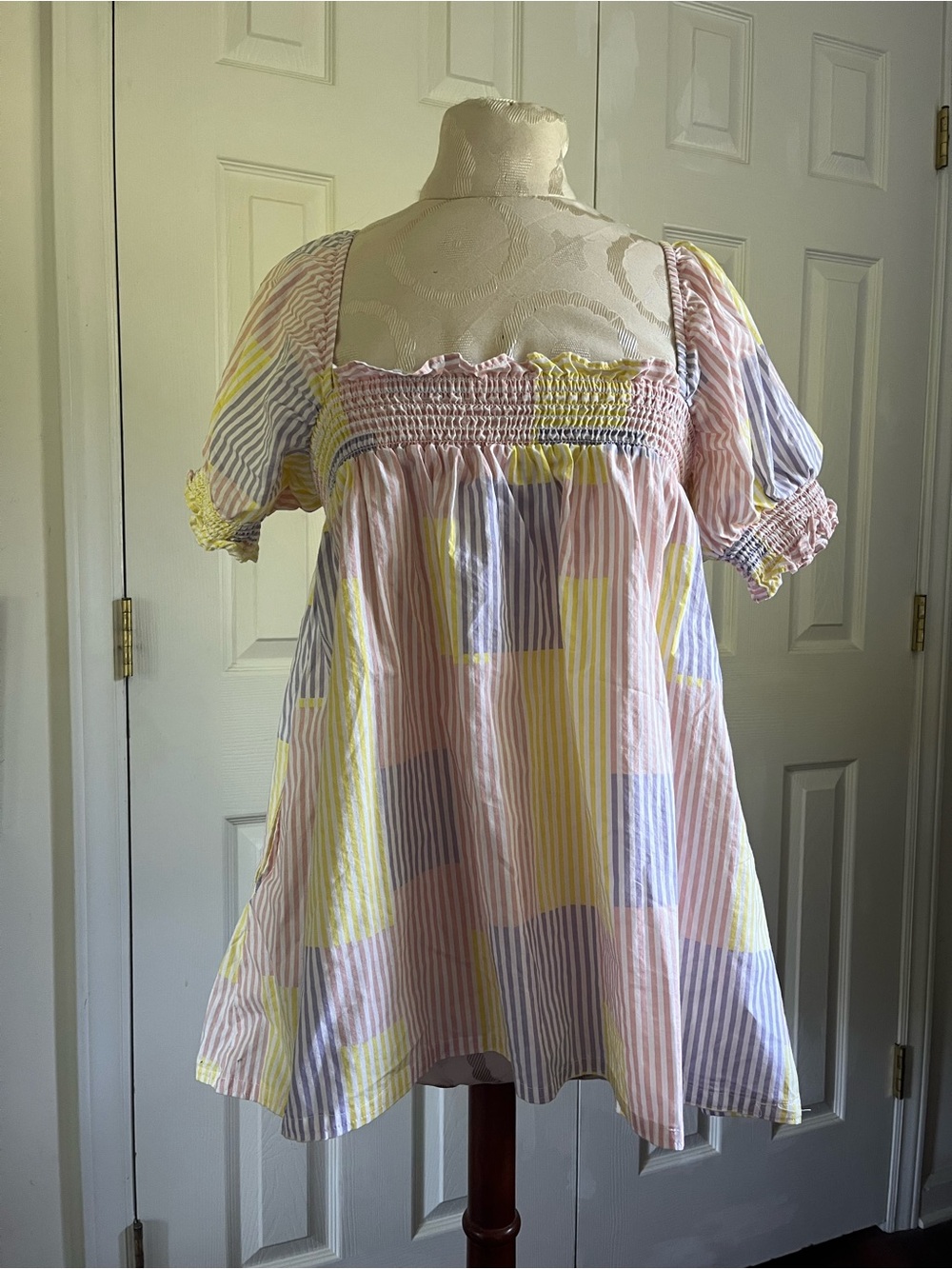 Urban Outfitters Smocked Babydoll Top Pink Yellow and Purple with Matching Scarf
